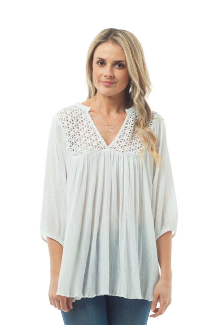 KAJA Linen Cotton Blend Bohemian Style Top in White - Sapphire Butterfly