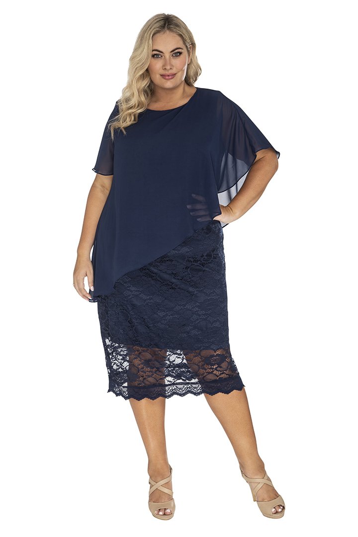 Ladies Plus Size Lace Dress and Chiffon Overlay - Sapphire Butterfly