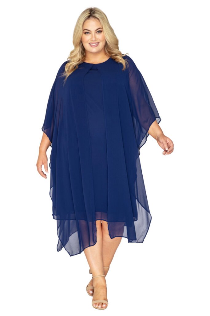 Navy Knee Length Dress with Chiffon Overlay - Sapphire Butterfly